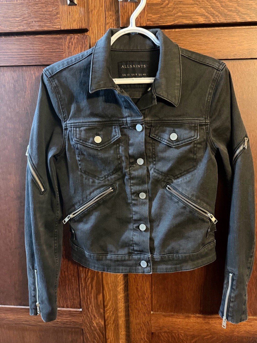 AllSaints Black Denim moto Jacket with Zipper Details